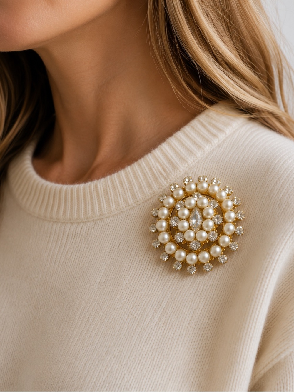 Vintage Gold Tone Faux Pearl & Crystal Statement Brooch | Elegant Rhinestone Pin